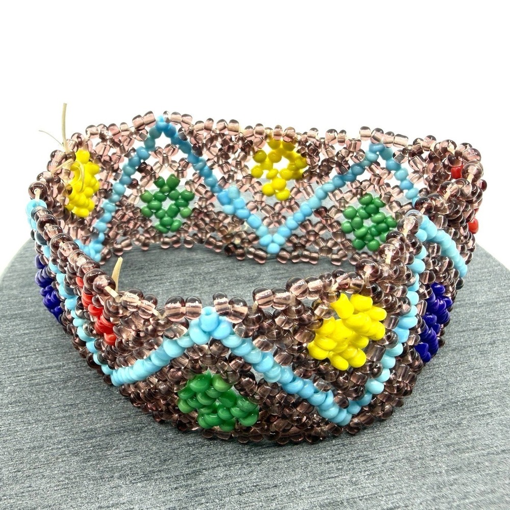 Multicolor Seed Bead Wide Cuff Bracelet Geometric Boho Artisan Statement Bangle